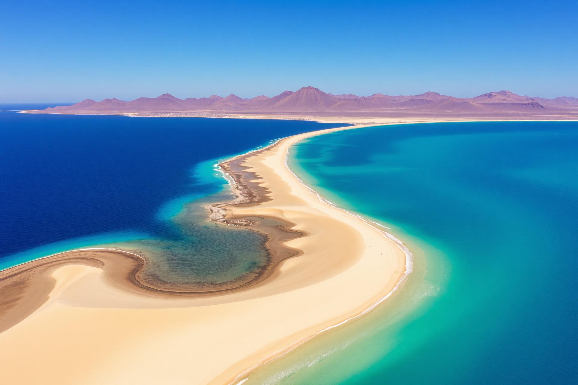 Aerial view of the golden sand dunes and turquoise Atlantic water of Corralejo, Fuerteventura